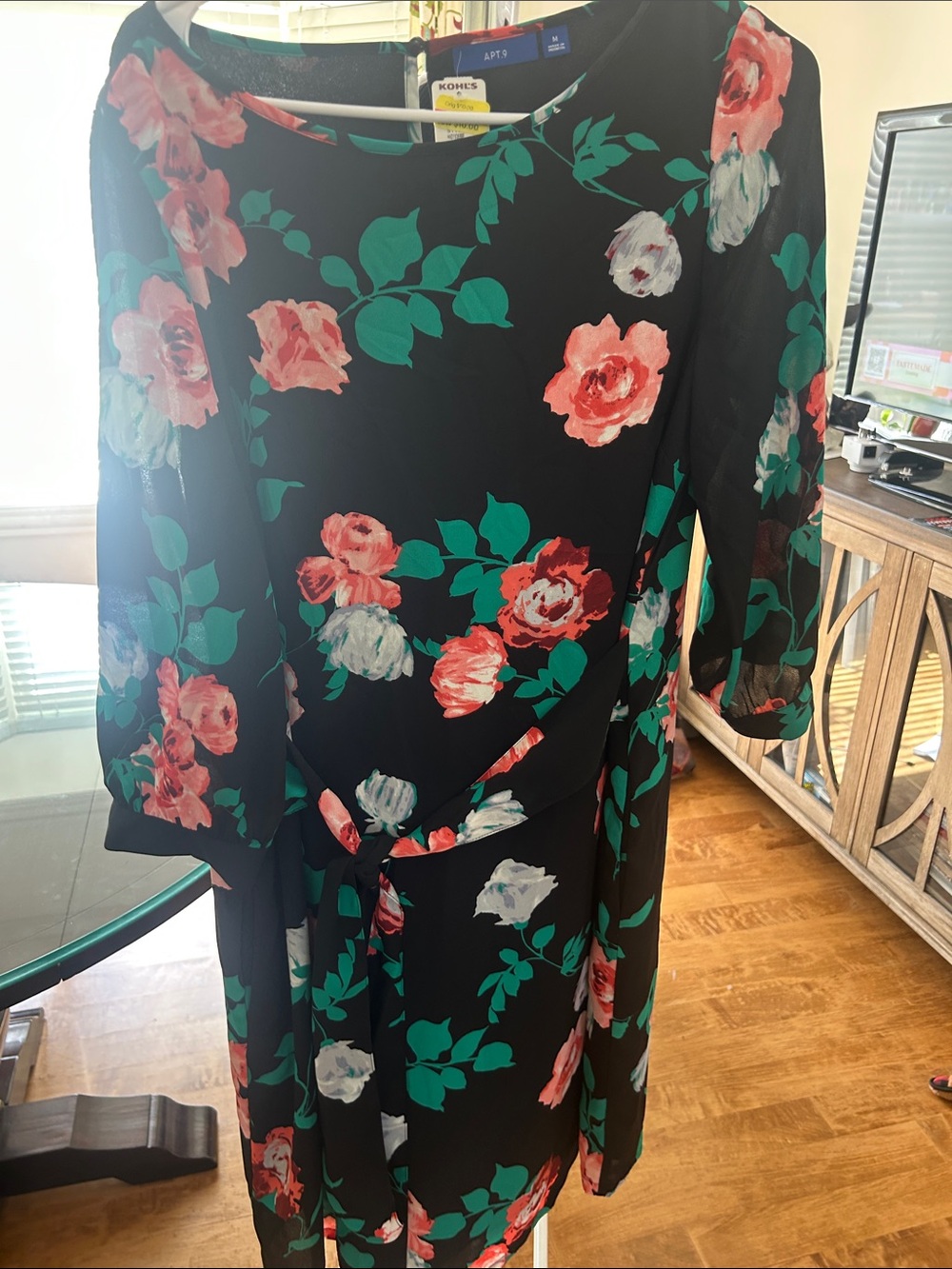 Apt. 9 Black Floral Midi Dress with Pink & Green Print